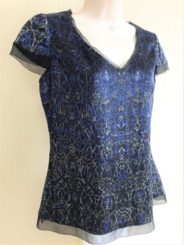 Elie Tahari MEDIUM Blue and Black Silk Top