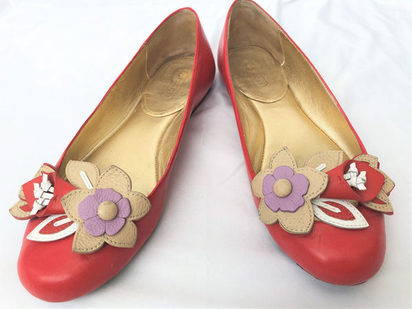 COACH Size 6 Chrisann Red Leather Floral Flats