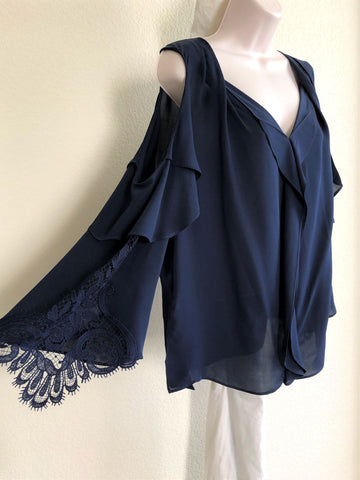 Kobi Halperin LARGE Mollie Cold Shoulder Navy Silk Top