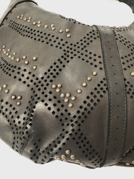 Kompanero Evie Black Leather Studded Hobo Bag