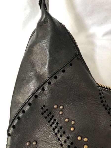 Kompanero Evie Black Leather Studded Hobo Bag