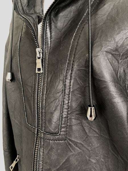 Black Leather Jacket Size Medium Ruched Collar - CLEARANCE