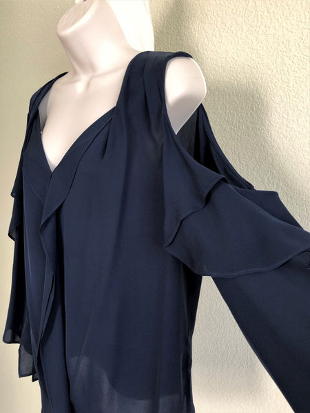 Kobi Halperin LARGE Mollie Cold Shoulder Navy Silk Top