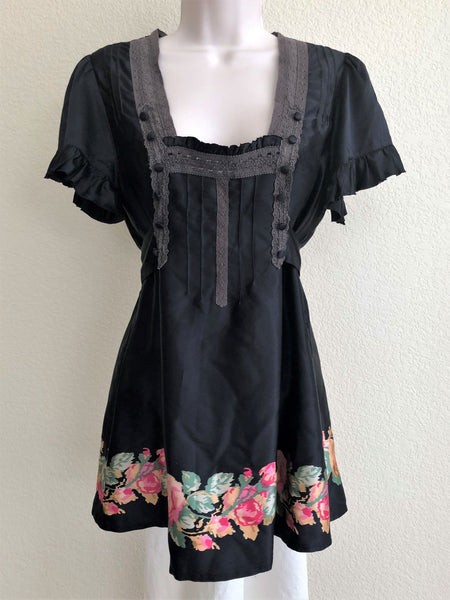 Free People Size 6 Black Silk Floral Top