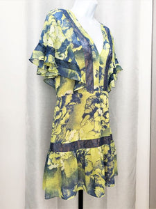 bcbg yellow ruffle dress BCBGMaxazria Size 12 Blue and Yellow Floral Dress – FABULUX