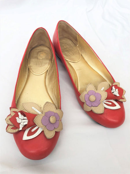 COACH Size 6 Chrisann Red Leather Floral Flats