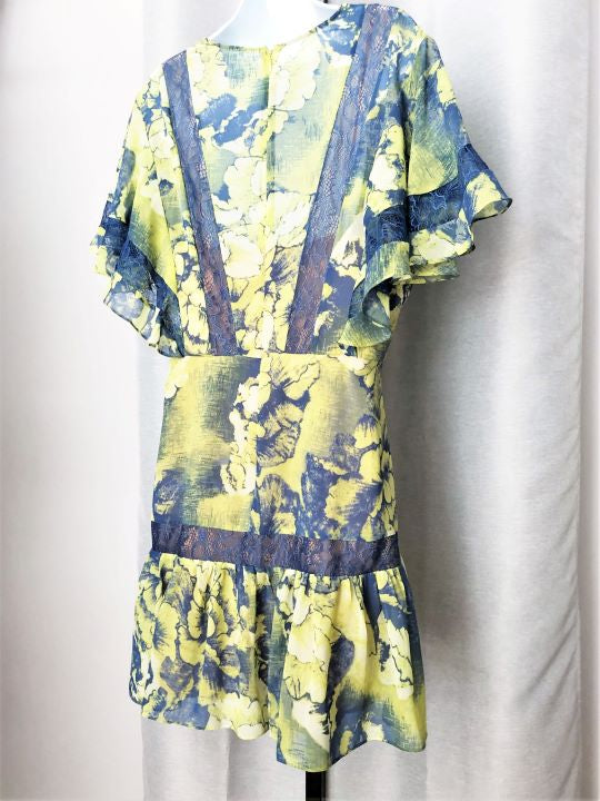 bcbg floral mini dress BCBGMaxazria Size 12 Blue and Yellow Floral Dress – FABULUX