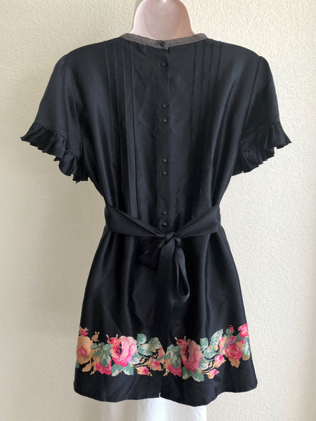 Free People Size 6 Black Silk Floral Top