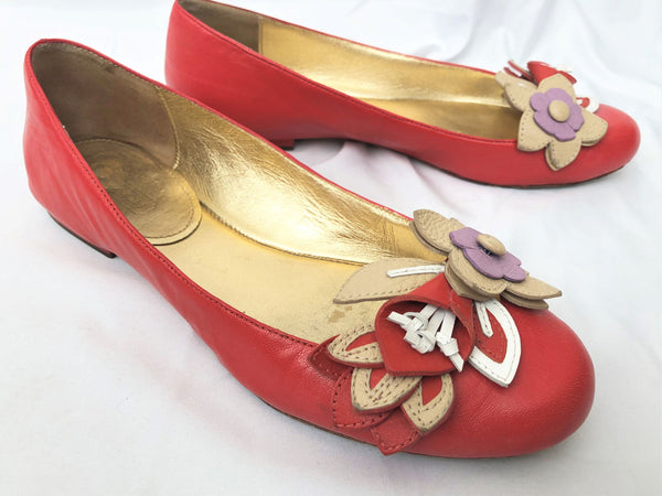 COACH Size 6 Chrisann Red Leather Floral Flats