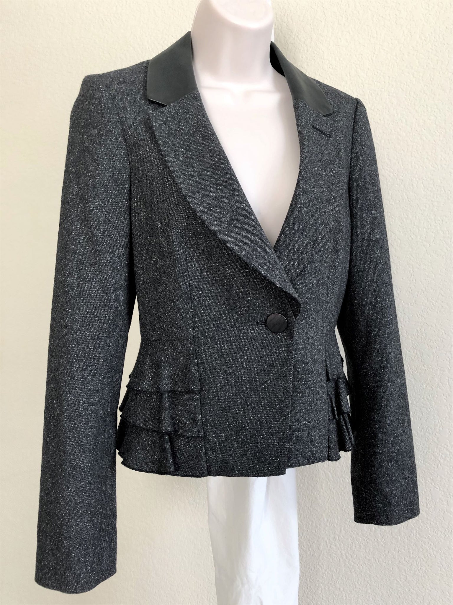 Rebecca Taylor Size 8 Ruffled Tweed Leather Trim Blazer