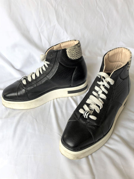 Oxitaly Size 8.5 Italian Black Leather Platform Sneakers