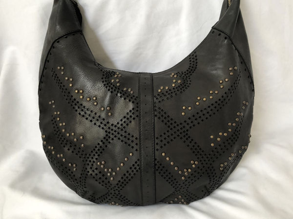 Kompanero Evie Black Leather Studded Hobo Bag