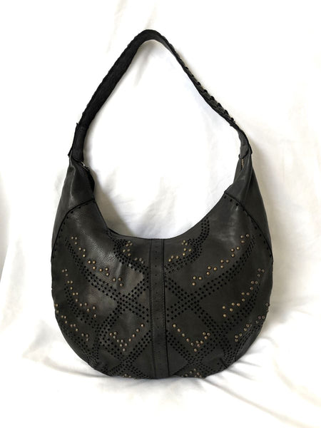 Kompanero Evie Black Leather Studded Hobo Bag