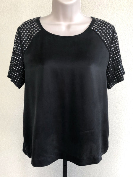 Rebecca Taylor Size 2 Black Rhinestone Sleeve Silk Top