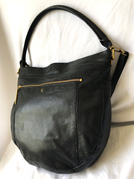 Elliott Lucca Black Leather Perforated Bucket Bag