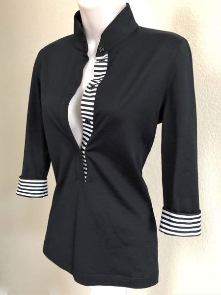 AKRIS Punto Size 6 Black Striped Collar Top