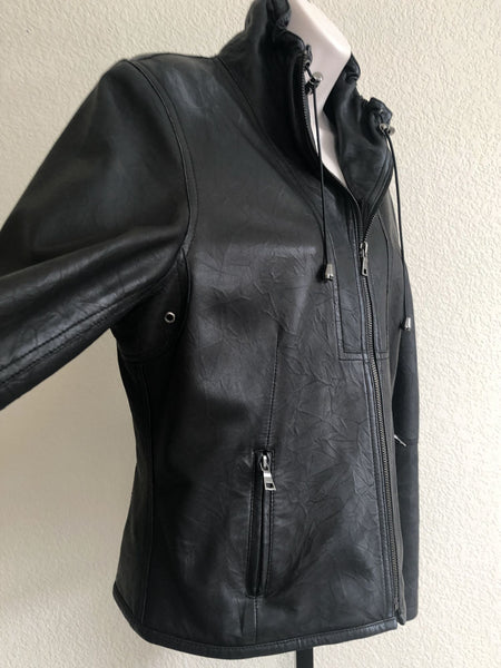 Black Leather Jacket Size Medium Ruched Collar - CLEARANCE