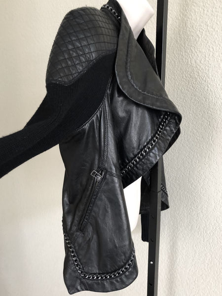 Yigal Azrouel Size 2 Black Leather and Knit Jacket - RETAILED AT $1,100