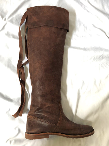 Frye Size 8 Tall Brown Folded Cuff Tie Back Boots