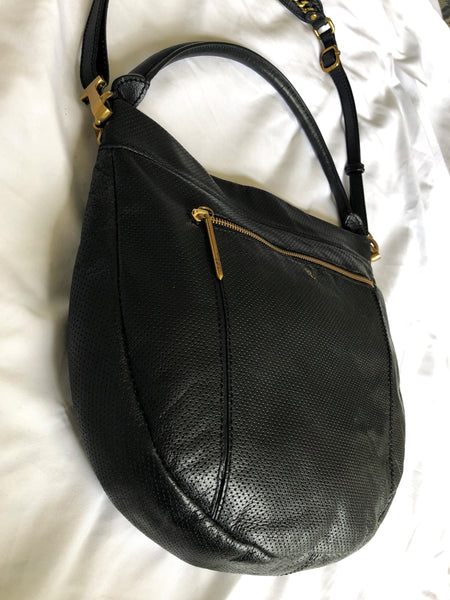 Elliott Lucca Black Leather Perforated Bucket Bag