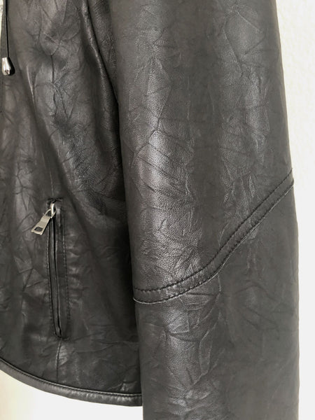 Black Leather Jacket Size Medium Ruched Collar - CLEARANCE
