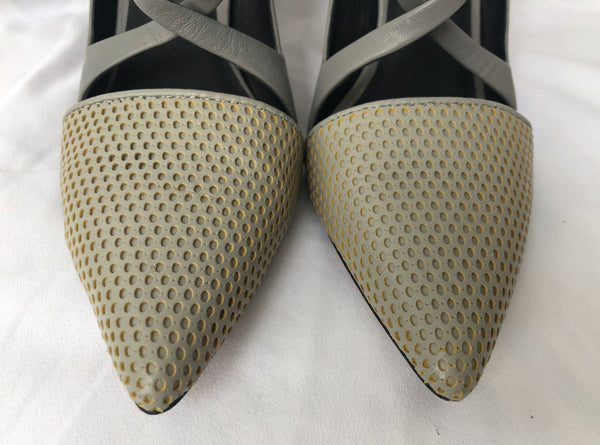 L.A.M.B. Boston Size 7 Gray Leather Perforated Heels