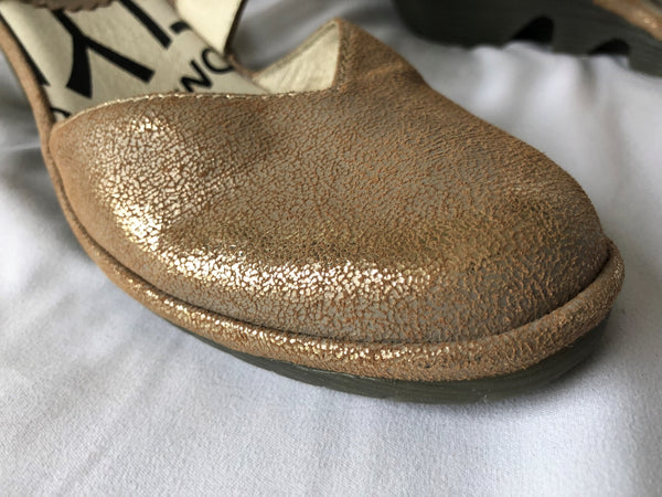 Fly London Size 6 Pats Gold Ankle Strap Sandals