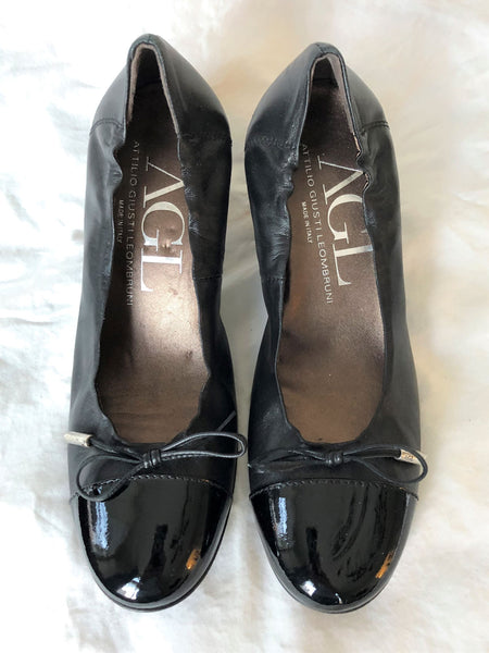 AGL Size 7 Black Leather Bow Pumps