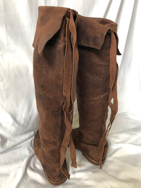 Frye Size 8 Tall Brown Folded Cuff Tie Back Boots
