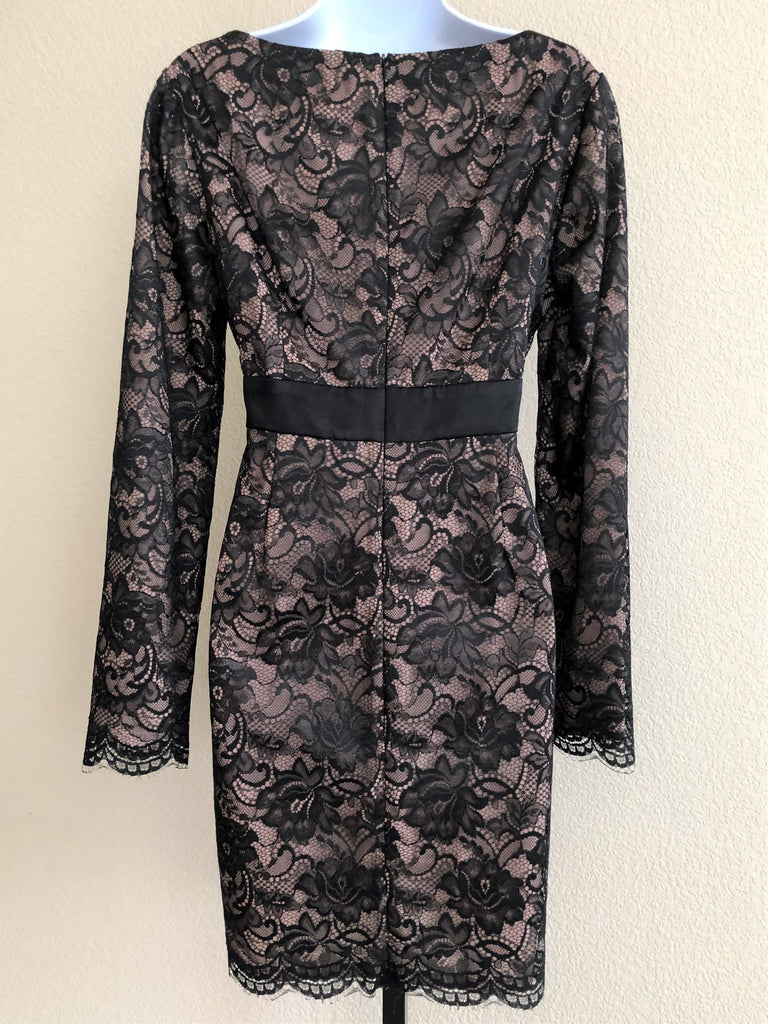 Trina Turk Size 8 Nude Dress with Black Lace Overlay FABULUX Trina Turk Size 8 Nude Dress with Black Lace Overlay FABULUX