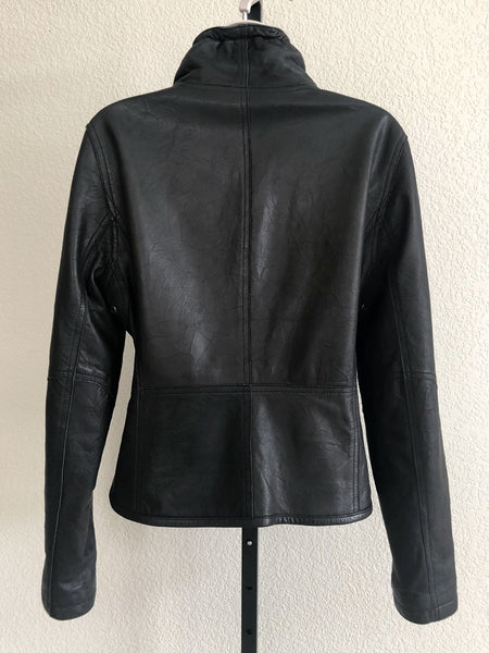 Black Leather Jacket Size Medium Ruched Collar - CLEARANCE