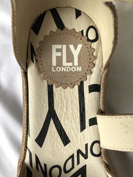 Fly London Size 6 Pats Gold Ankle Strap Sandals